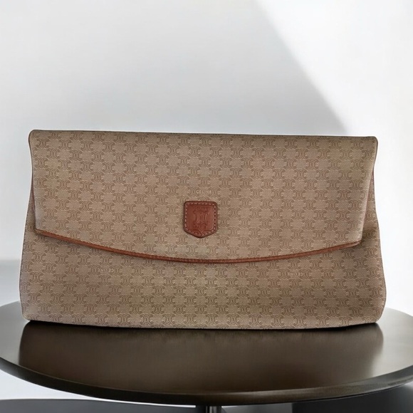 Authentic Celine Macadam Triomphe Beige & Tan Large Fold Over Clutch Evening Bag - Picture 1 of 16